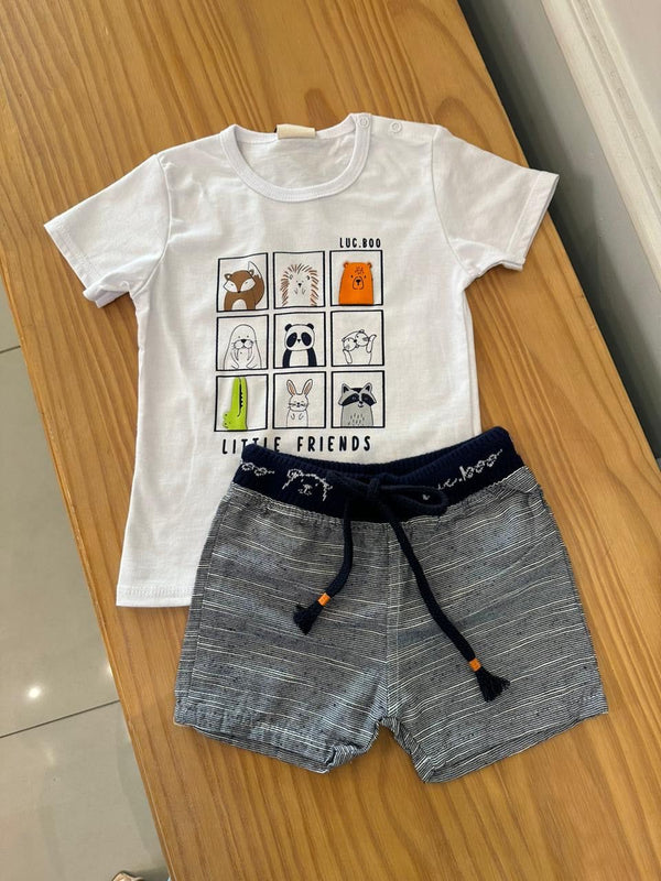 CONJUNTO CAMISETA MANGA CURTA LITTLE FRIENDS E BEMRUDA LISTRADA URSO MENINO LUC BOO