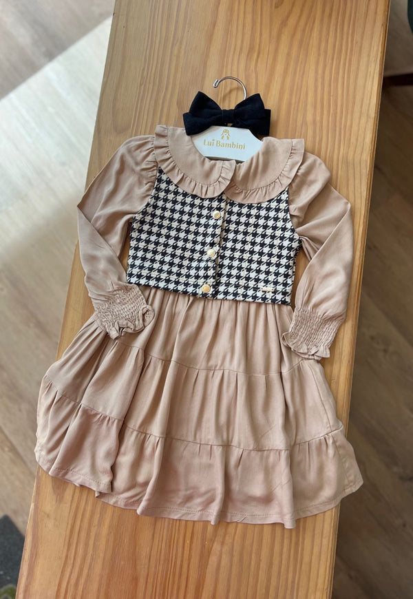 VESTIDO MANGA LONGA COM BABADOS LASTEX E COLETE PIED DE POULE MENINA INFANTI