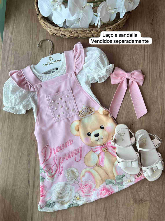 CONJUNTO BLUSA MANGA CURTA ANARRUGA E SALOPETE URSO STRASS MNINA INFANTI