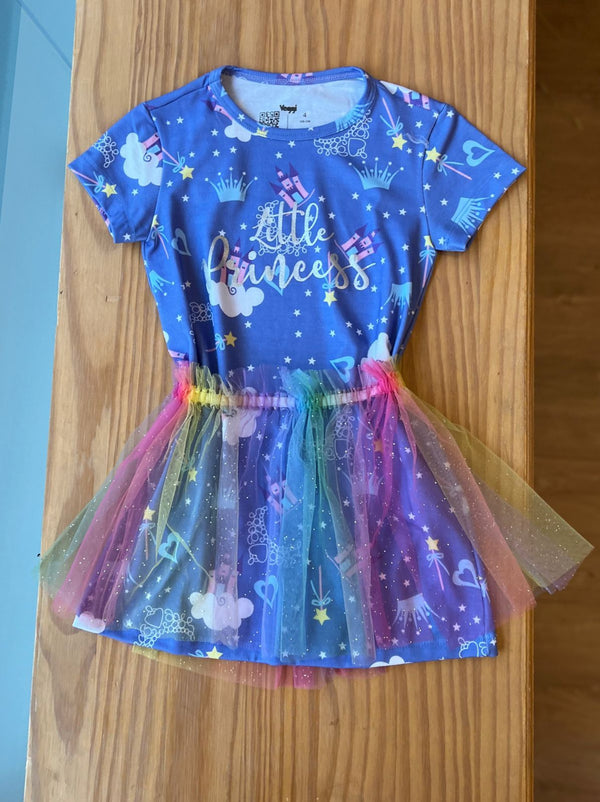 CAMISOLA MANGA CURTA LITTLE PRINCESS COM SAIA TULE GLITTER MENINA VEGGI