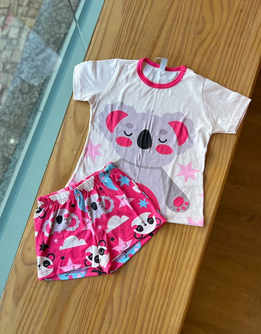 CONJUNTO PIJAMA MANGA CURTA COM SHORT COALAS PANDAS E ESTRELAS MENINA BELANORA