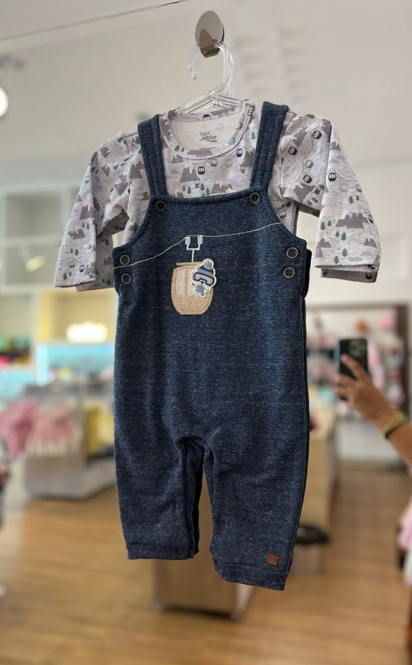 CONJUNTO BODY MANGA LONGA E JARDINEIRA URSO NEVE MENINO ANJOS BABY