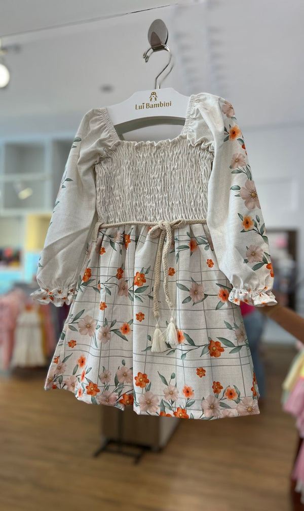 VESTIDO MANGA LONGA LASTEX FLORAL E FOLHAS COM CORDÃO DE AMARRAÇÃO MENINA INFANTI