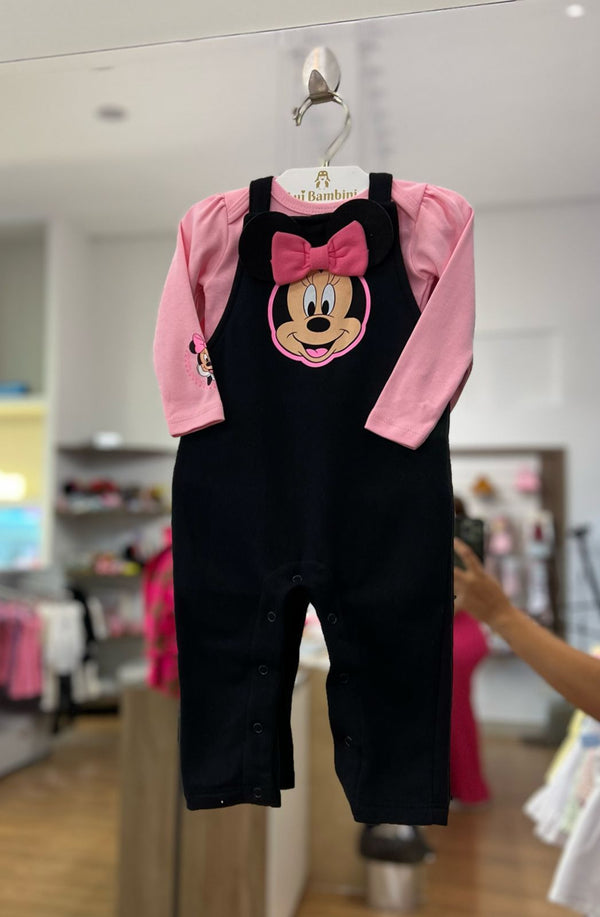 CONJUNTO BODY MANGA LONGA COM MACACÃO MOLETOM MINNIE MOUSE MENINA FAKINI