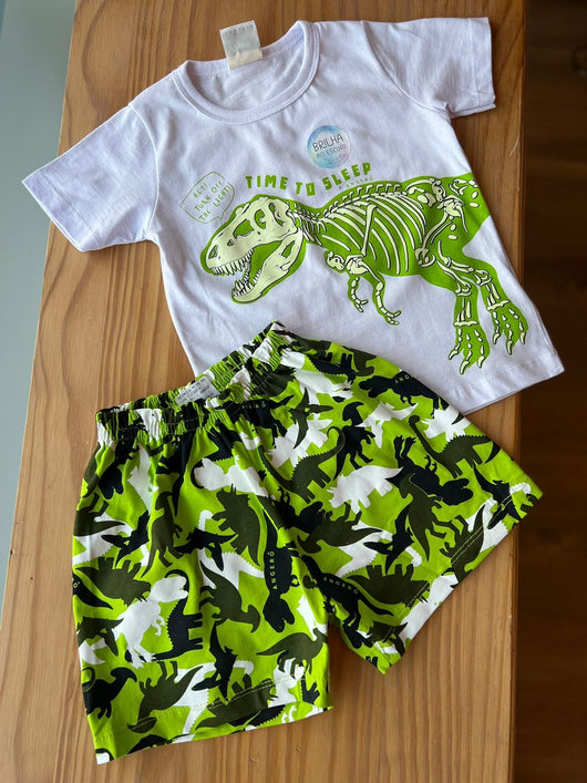 CONJUNTO PIJAMA CAMISETA MANGA CURTA FÓSSIL DE T-REX E BERMUDA DINOS MENINO ANGERÔ