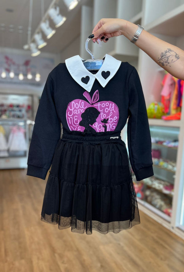 CONJUNTO CASACO MOLETOM MANGA LONGA COM BLUSA E SAIA TULE BABADOS BRANCA DE NEVE LINCENCIADO MENINA MOMI