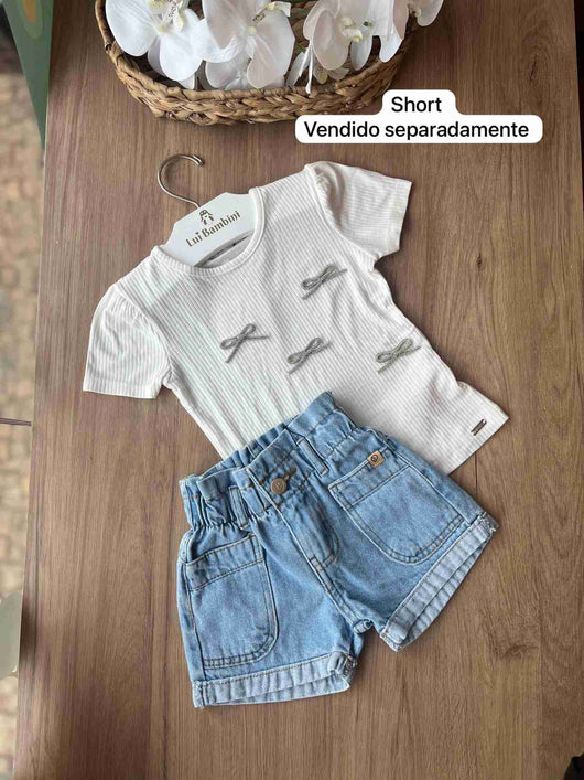 BLUSA MANGA CURTA CANELADO LAÇOS STRASS MENINA INFANTI