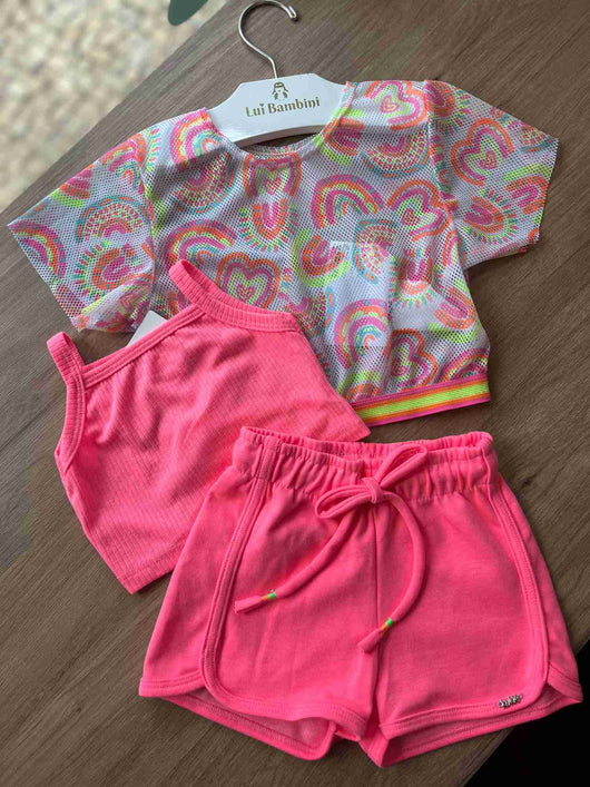 CONJUNTO TRIO TOP EM CANELADO BLUSA EM TELA E SHORT MENINA KUKIÊ