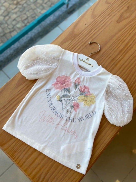 BLUSA MANGA CURTA BUFANTE EM TULE POÁ COM FLORES BORDADAS E PAETES MENINA PETIT CHERIE