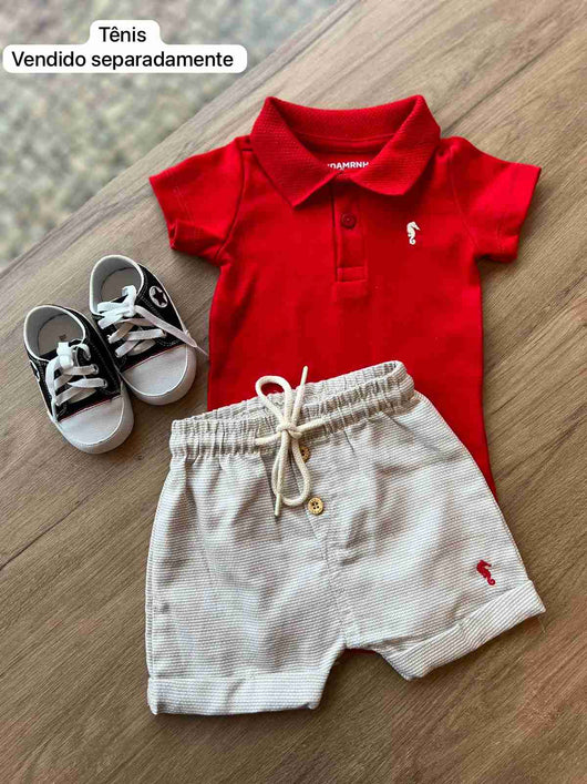 CONJUNTO BODY POLO MANGA CURTA BORDADO E BERMUDA BARRA DOBRADA PONTILHADOS MENINO ONDA MARINHA