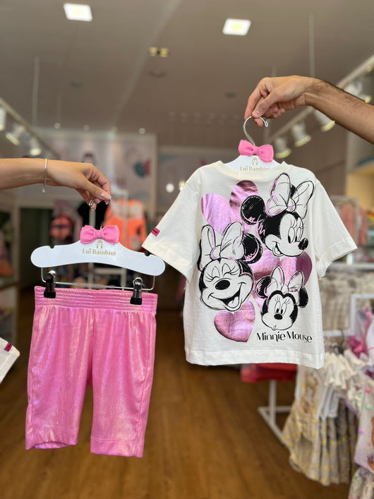 CONJUNTO BLUSA MANGA CURTA MINNIE METALIZADO E LEGGING OLOGRAFICA MENINA ANIME