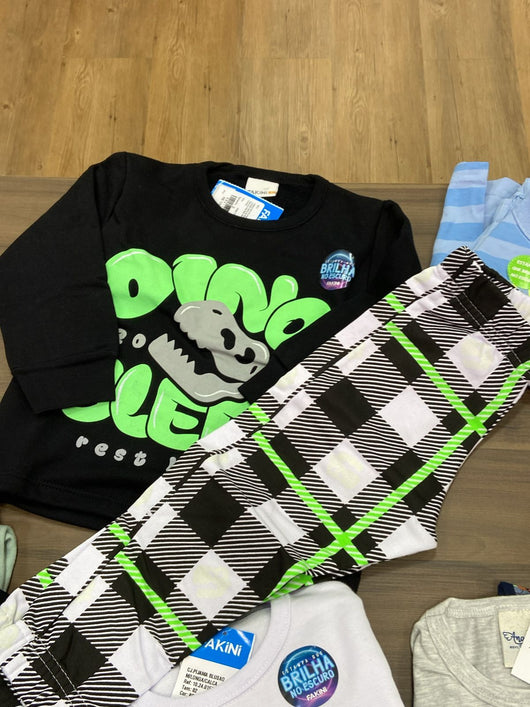 CONJUNTO PIJAMA MANGA LONGA DINO SLEEP COM CALÇA XADREZ MENINO FAKINI