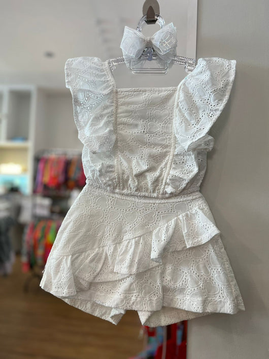 CONJUNTO BLUSA ALÇA E SHORT SAIA EM LAISE CORAÇÕES BORDADOS MENINA FAKINI