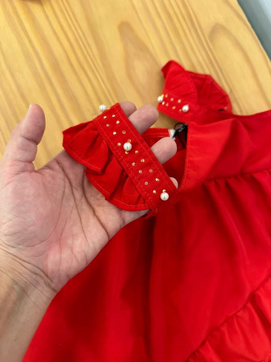 VESTIDO NATALINO ALCA PEROLAS E STRASS COM CALCINHA BABADOS MENINA INFANTI PRO45