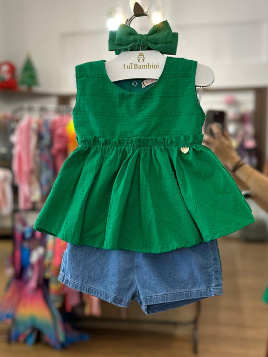 CONJUNTO BLUSA REGATA TRICOLINE BATA E SHORT JEANS MENINA KUKIÊ