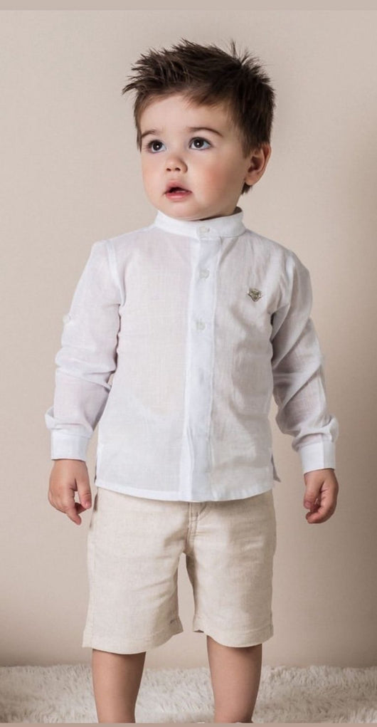 CONJUNTO BATA MANGA LONGA E BERMUDA LINHO BATIZADO MENINO ANJOS BABY