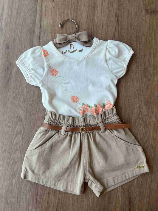 CONJUNTO BLUSA COM MANGAS ELASTICO FLORES COM STRASS SHORT E CINTO GLINNY MENINA