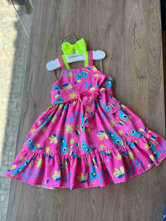 VESTIDO ALÇA BORDADA COM CINTO FAIXA PÁSSAROS FOLHAS E SÓIS MENINA LUI BAMBINI