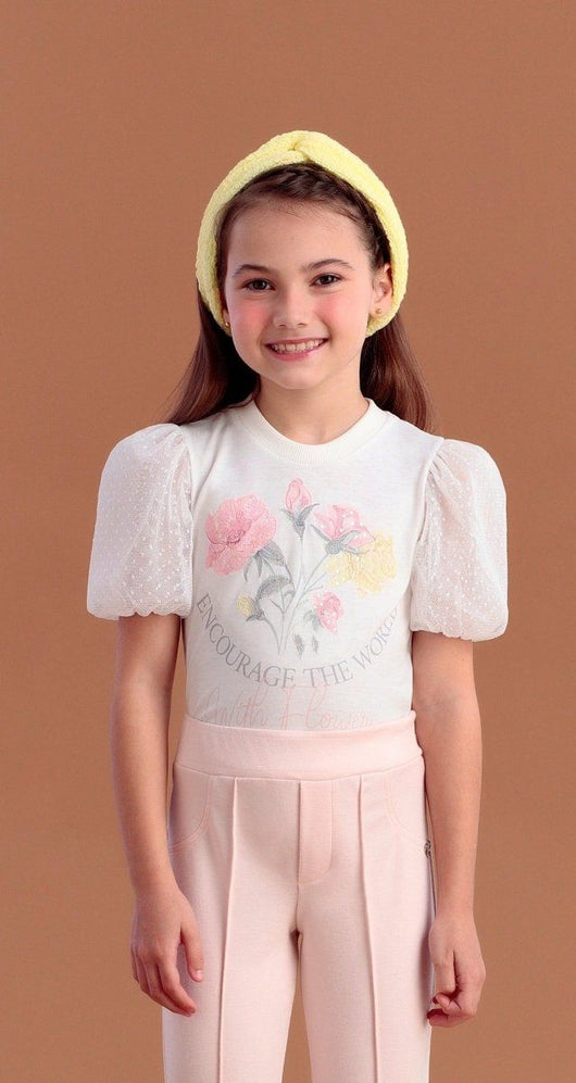 BLUSA MANGA CURTA BUFANTE EM TULE POÁ COM FLORES BORDADAS E PAETES MENINA PETIT CHERIE