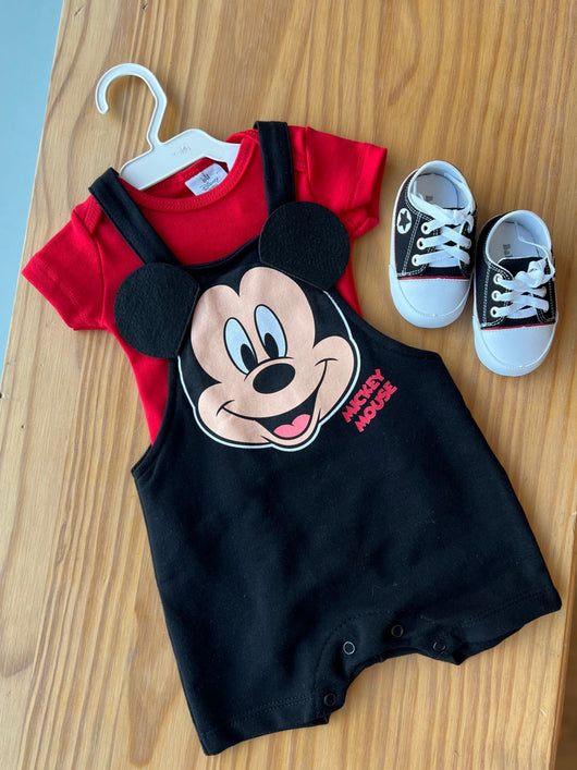 CONJUNTO BODY MANGA CURTA COM MACACÃO MICKEY MOUSE MENINO FAKINI