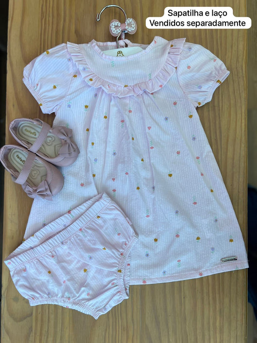 CONJUNTO VESTIDO MANGA CURTA FLORAL E CALCINHA EM TECIDO ANARRUGA MENINA SOMNII