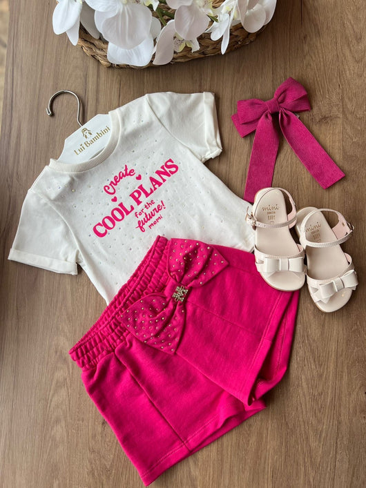 CONJUNTO BLUSA MANGA CURTA DOBRADA SHORT LAÇO COM STRASS COOL PLANS MENINA MOMI