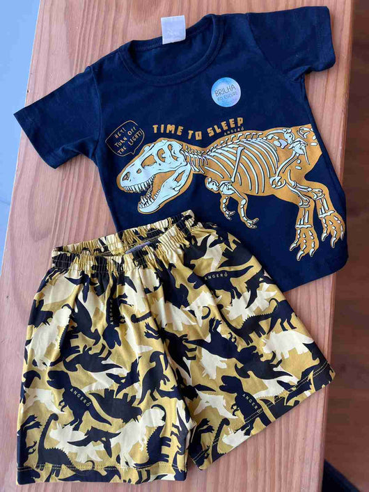 CONJUNTO PIJAMA CAMISETA MANGA CURTA FÓSSIL DE T-REX E BERMUDA DINOS MENINO ANGERÔ