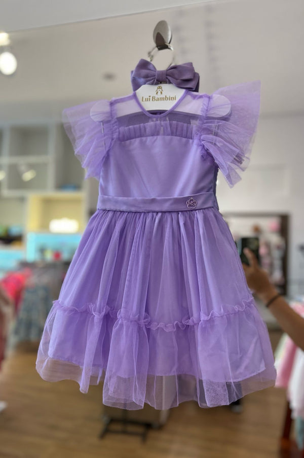 VESTIDO MANGA CURTA EM TULE COM BABADOS CINTO FIXO E ZÍPER MENINA MON SUCRÉ