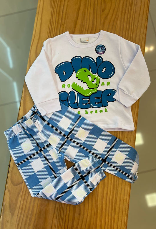 CONJUNTO PIJAMA MANGA LONGA DINO SLEEP COM CALÇA XADREZ MENINO FAKINI