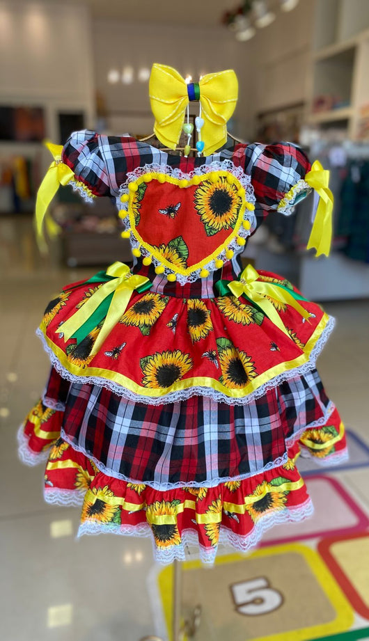 VESTIDO MANGA CURTA FESTA JUNINA QUADRILHA XADREZ CORAÇÃO ABELHA MENINA LUI BAMBINI