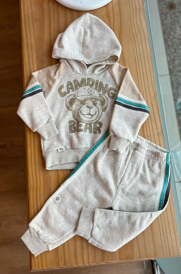 CONJUNTO MOLETOM MANGA LONGA CAPUZ CAMPING BEAR E CALÇA FLANELADA COM LISTRAS MENINO 1+1