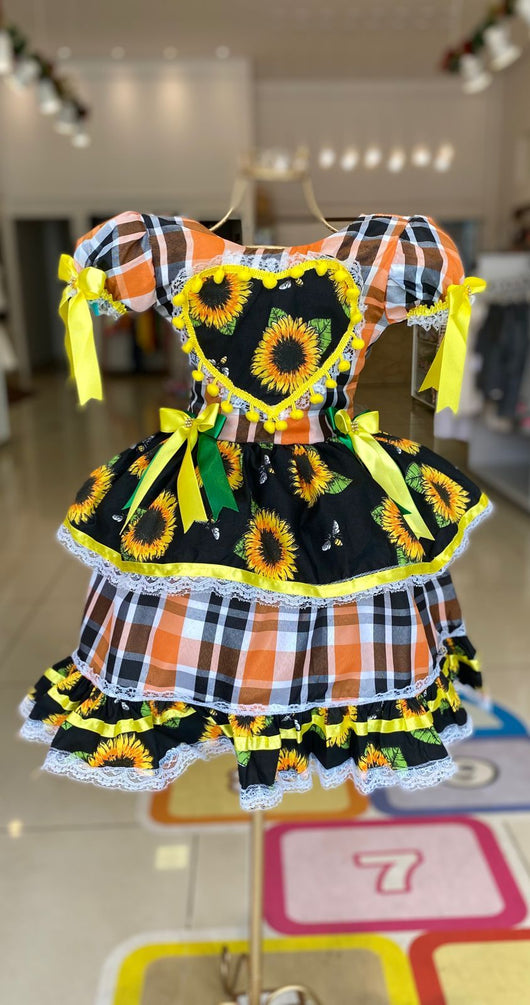 VESTIDO MANGA CURTA FESTA JUNINA QUADRILHA XADREZ CORAÇÃO ABELHA MENINA LUI BAMBINI