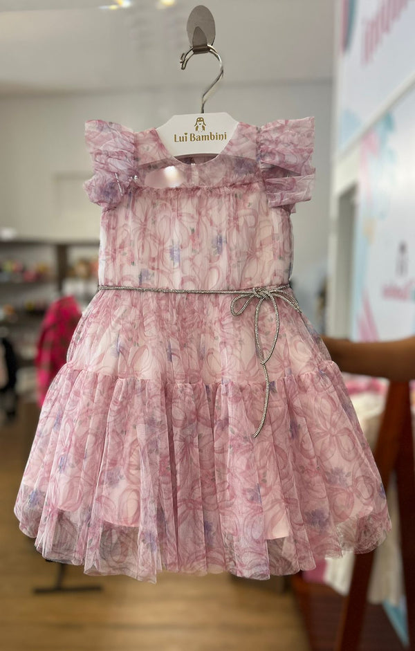 VESTIDO MANGA CURTA EM TULE LAÇOS  FLORES COM CINTO STRASS MENINA PETIT CHERIE