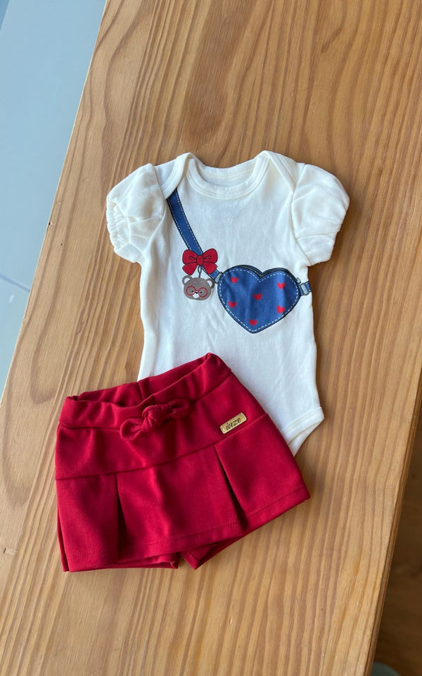 CONJUNTO BODY MANGA CURTA BOLSA URSINHA COM SHORT SAIA PISSADO LAÇO MENINA IAZE