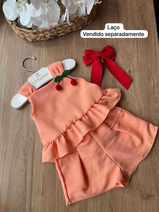 CONJUNTO BLUSA ALÇA PINGENTE CEREJAS COM SHORT MENINA MON SUCRÉ