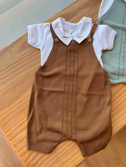 CONJUNTO BODY MANGA CURTA LISO E JARDINEIRA TRICÔ TRANÇADA BOTÕES MENINO LUI BAMBINI