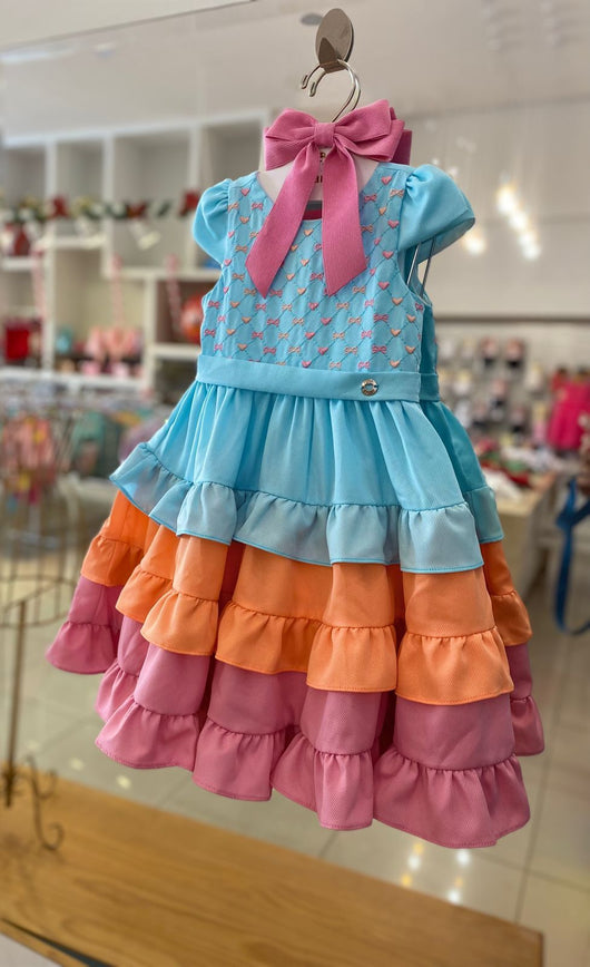 VESTIDO MANGA CURTA MARIAS QUADRICULADO LACOS E CORACOES BORDADOS MENINA PETIT CHERIE PRO45