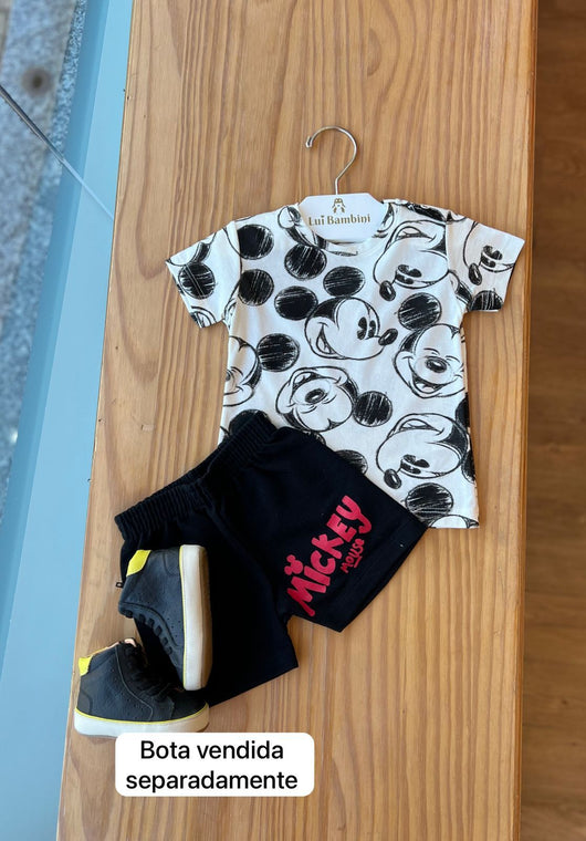 CONJUNTO CAMISETA MANGA CURTA GOLA REDONDA E BERMUDA MALHA MICKEY MOUSE MENINO FAKINI