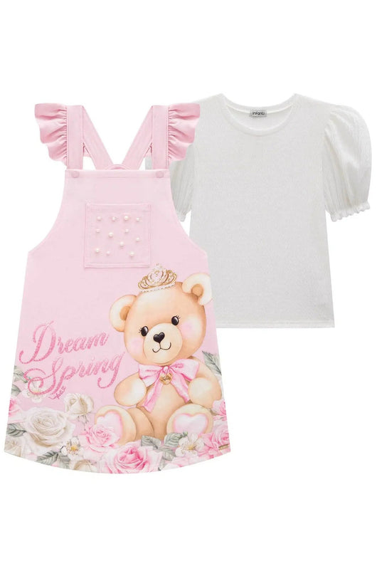 CONJUNTO BLUSA MANGA CURTA ANARRUGA E SALOPETE URSO STRASS MNINA INFANTI