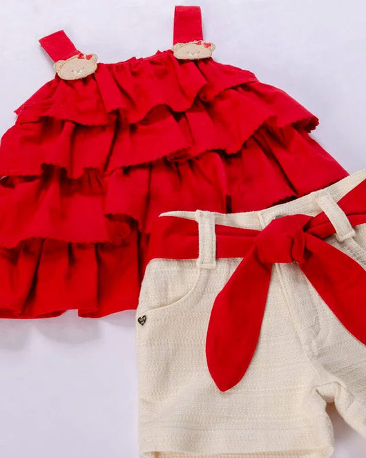 CONJUNTO BATA COM ALÇA BORDADO URSOS E BERMUDA LINHO CINTO LAÇO MENINA ANJOS BABY