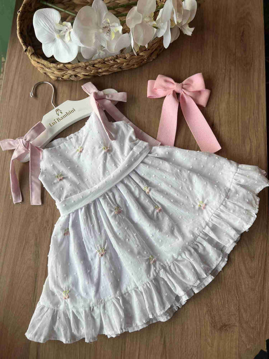 VESTIDO DE ALÇA COM FLORES BORDADAS E POÁ ENTREMEIOS MENINA LUI BAMBINI