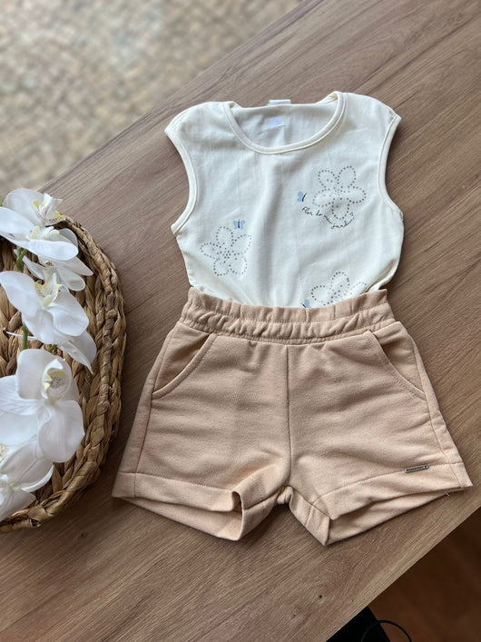 CONJUNTO BLUSA REGATA FLORES STRASS E SHORT BOLSO MENINA PULLA BULLA