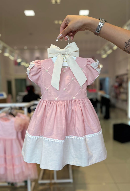 VESTIDO MANGA CURTA BORDADO QUADRICULADO COM RENDA PÉROLAS E LAÇOS MENINA BARBARA KIDS