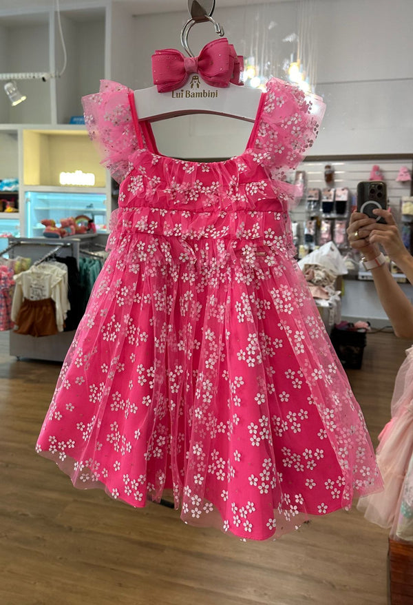 VESTIDO DE ALÇA COM SOBREPOSIÇÃO EM TULE MARGARIDAS E GLITTER MENINA BAMBOLLINA