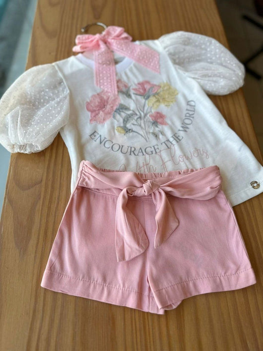 BLUSA MANGA CURTA BUFANTE EM TULE POÁ COM FLORES BORDADAS E PAETES MENINA PETIT CHERIE