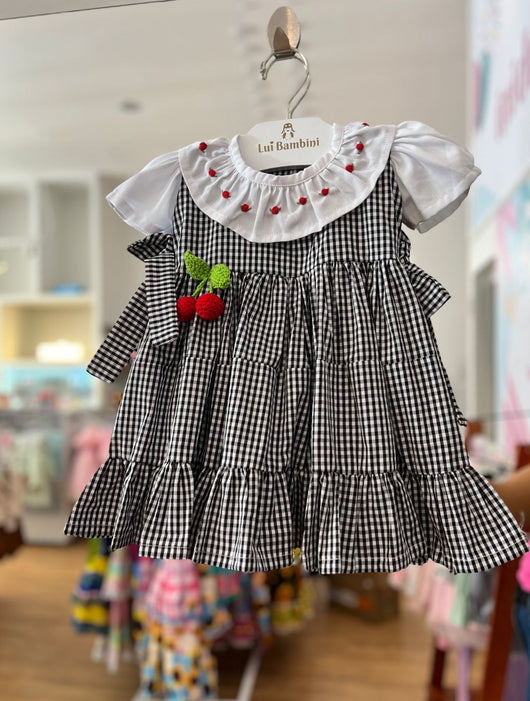 VESTIDO JUNINO MANGA CURTA XADREZ COM TULIPAS BORDADAS E CEREJAS TRICÔ MENINA LUI BAMBINI