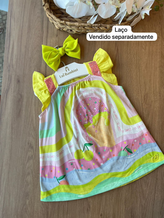 VESTIDO MANGA CURTA COM BABADO GOLA RETA ELASTICO SORVETE STRASS MENINA MON SUCRÉ