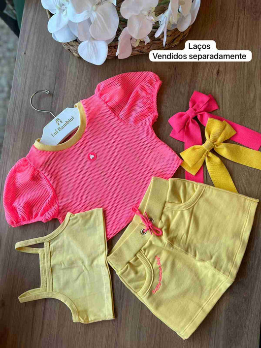 TRIJUNTO BLUSA EM TELA MANGA BUFANTE TOP ALÇA E SHORT MOLETOM MENINA SOMNII