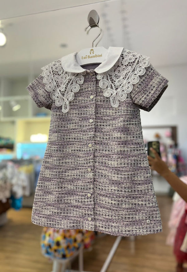 VESTIDO MANGA CURTA JUMPER EM TWEED GOLA RENDADA E BOTÕES CORAÇÕES MENINA 1+1