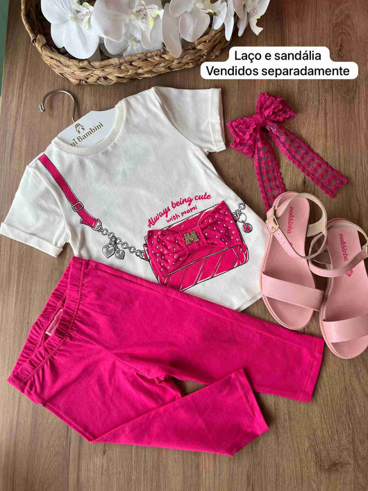 CONJUNTO BLUSA MC BOLSA LAÇO STRASS E CALLÇA LEGGING MENINA MOMI